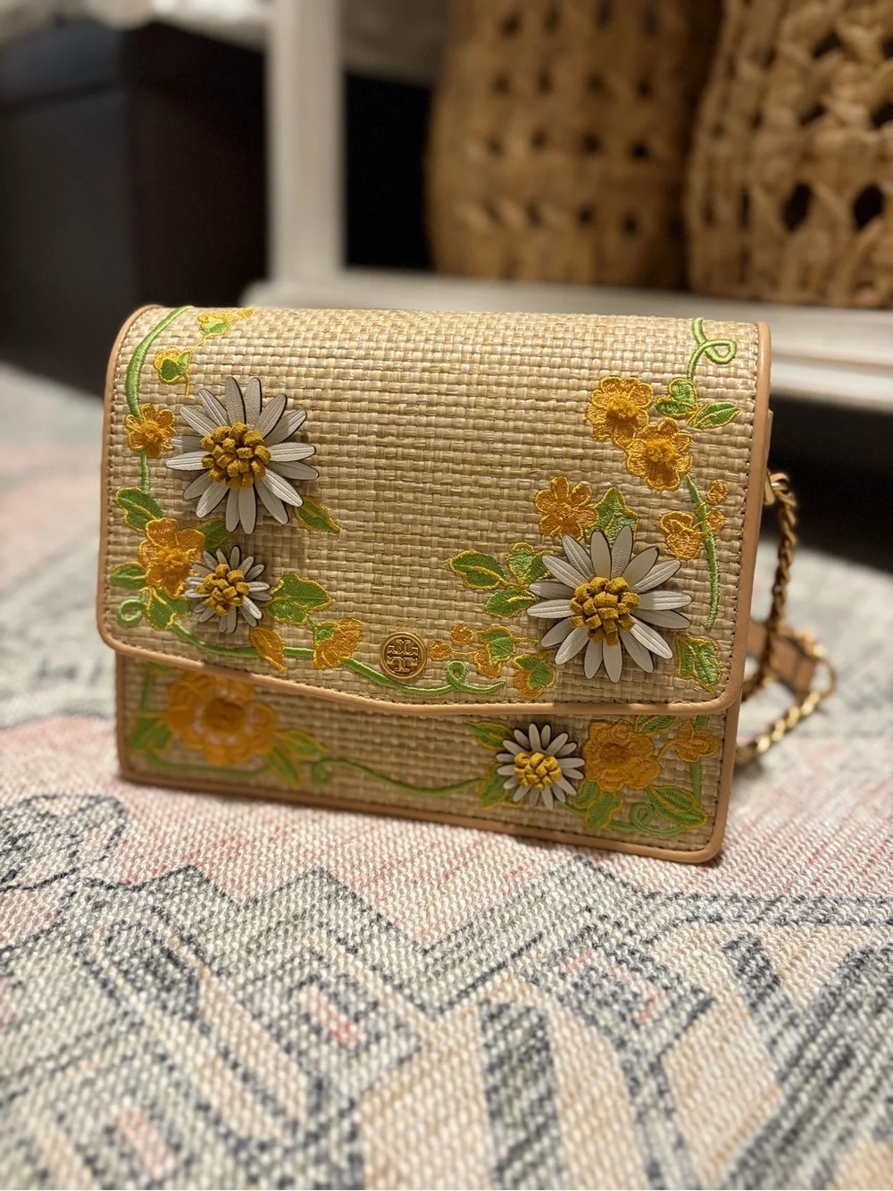 Tory Burch Embroidered Yellow Floral Woven Crossbody Bag